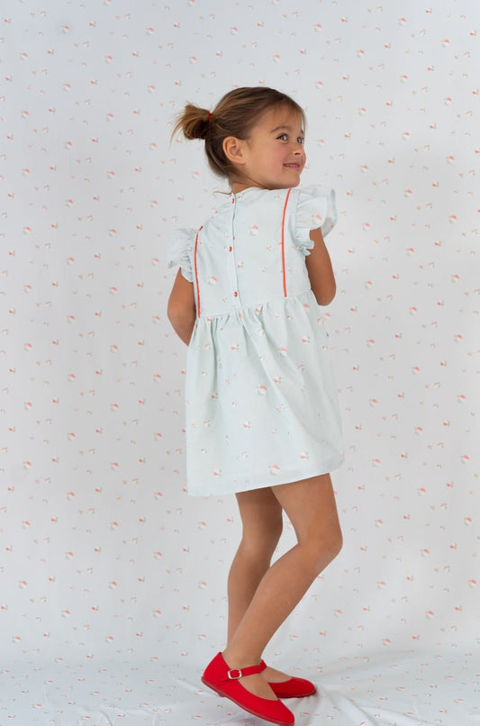 VESTIDO VOLANTE HOMBRO. ESTAMPADO BALONES